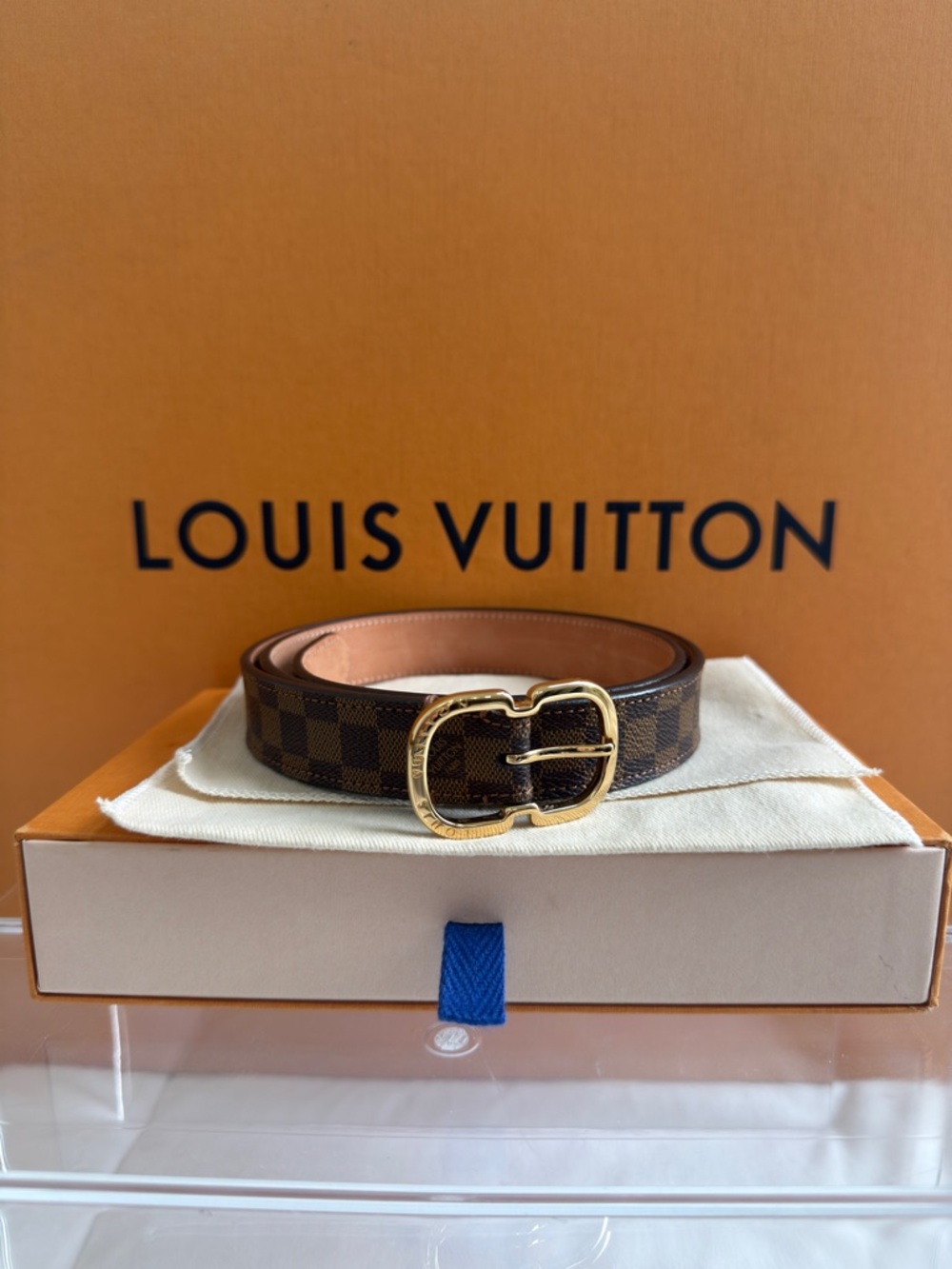 Authentic Louis Vuitton Mini Belt Damier Ebene Canvas Gold Hardware M9744 80/32